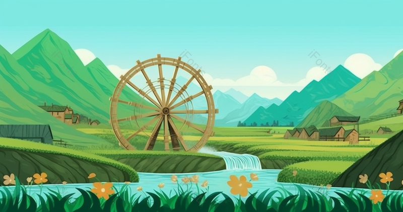 二十四节气小满时节农村乡村田园田野花朵野花盛开着绿色的草地小溪流和水车风景插画壁纸,插画/手绘图,插画/手绘图库,插画/手绘图下载,插画/手绘